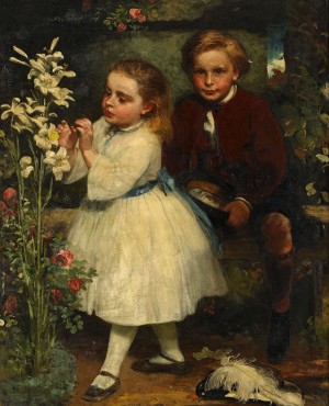 Two children and a white flower